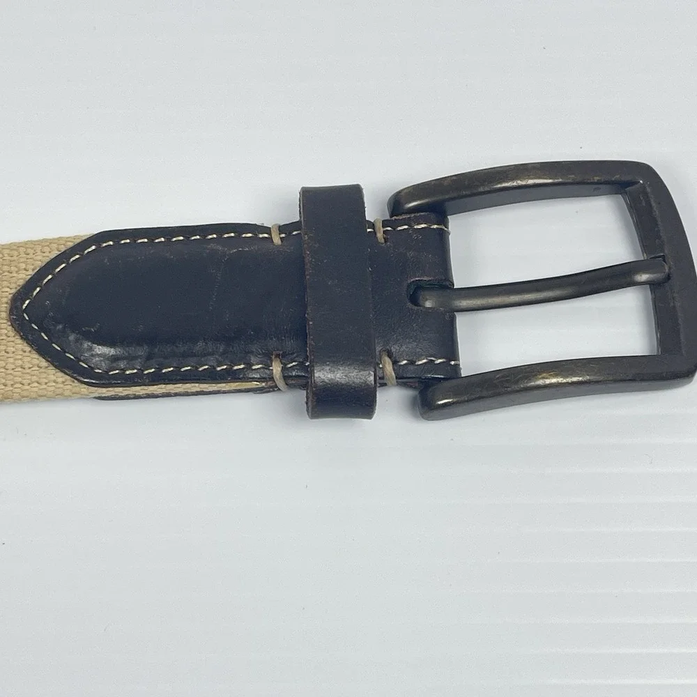 Fossil Utility Woven Cloth Belt‎ Size 40 Men's Beige Tan Brown Leather Accent